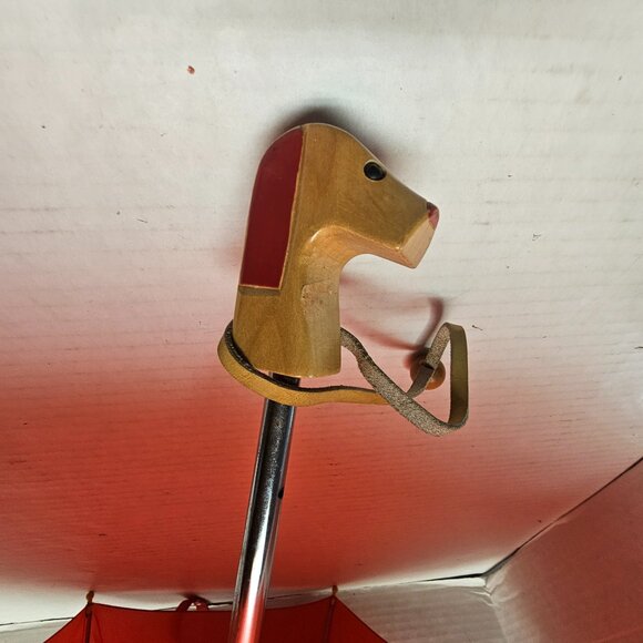 Vintage Child Kid Boy Girl Totes Umbrella Wood Wooden Dog Puppy Head Handle Red - Picture 9 of 13